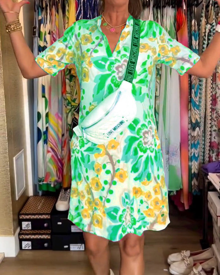 Ivendra | Rochie Midi cu Mâneci Scurte și Imprimare Florală