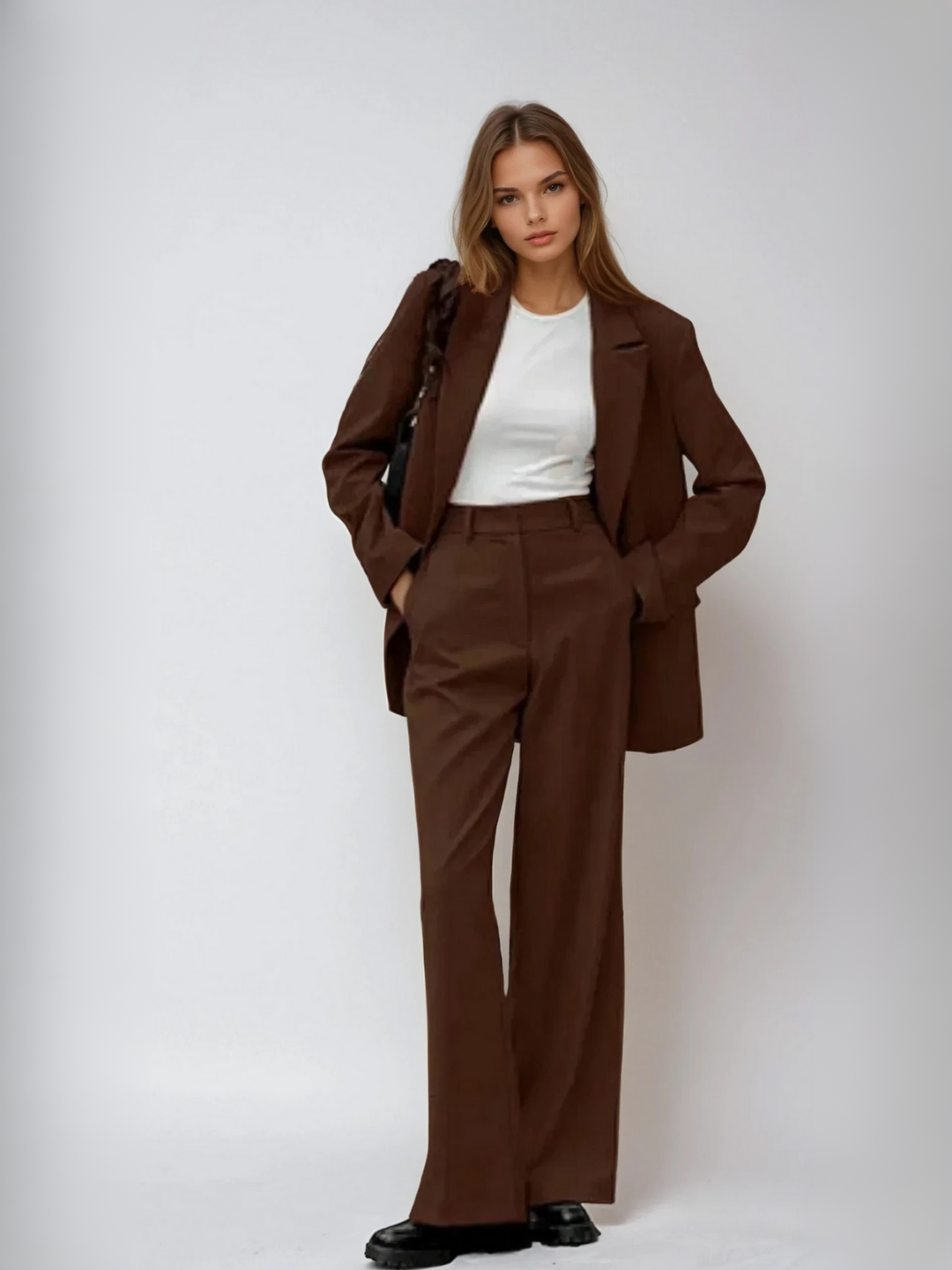 Sacou vintage coordonat mocha și pantaloni cu picioare largi