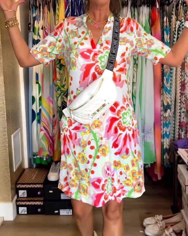 Ivendra | Rochie Midi cu Mâneci Scurte și Imprimare Florală