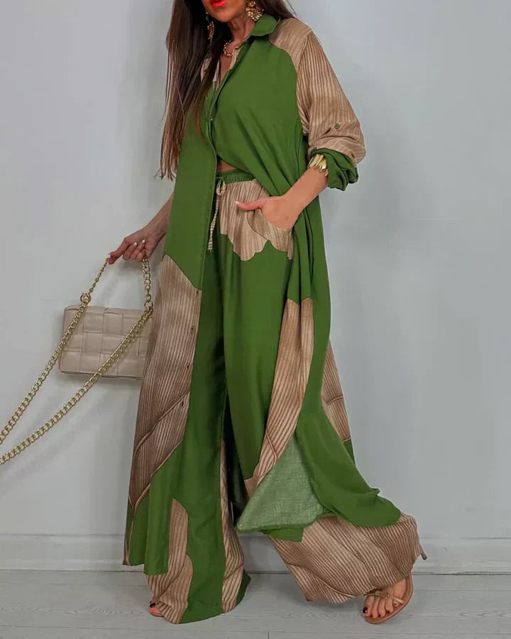 ISABEAU – SET TOP CU PRINT PATCHWORK TENDENȚĂ ȘI PANTALONI LARGI