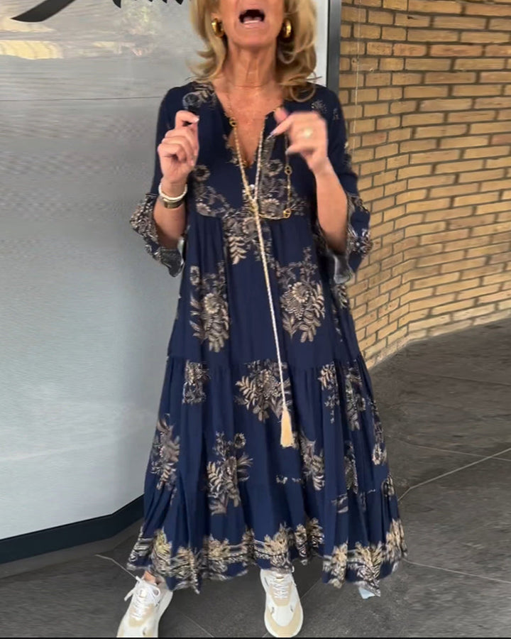 TOVE – ROCHIE LUNGĂ DIN MATERIAL UȘOR, CU DECOLTEU ÎN V, CULOARE BLEUMARIN 