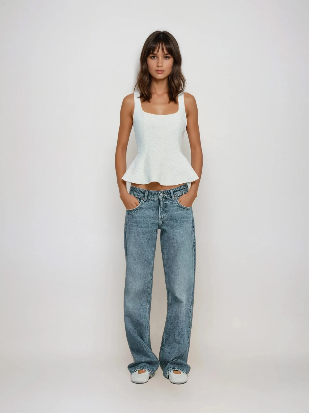 Top fără mâneci cu peplum și guler pătrat, slim-fit