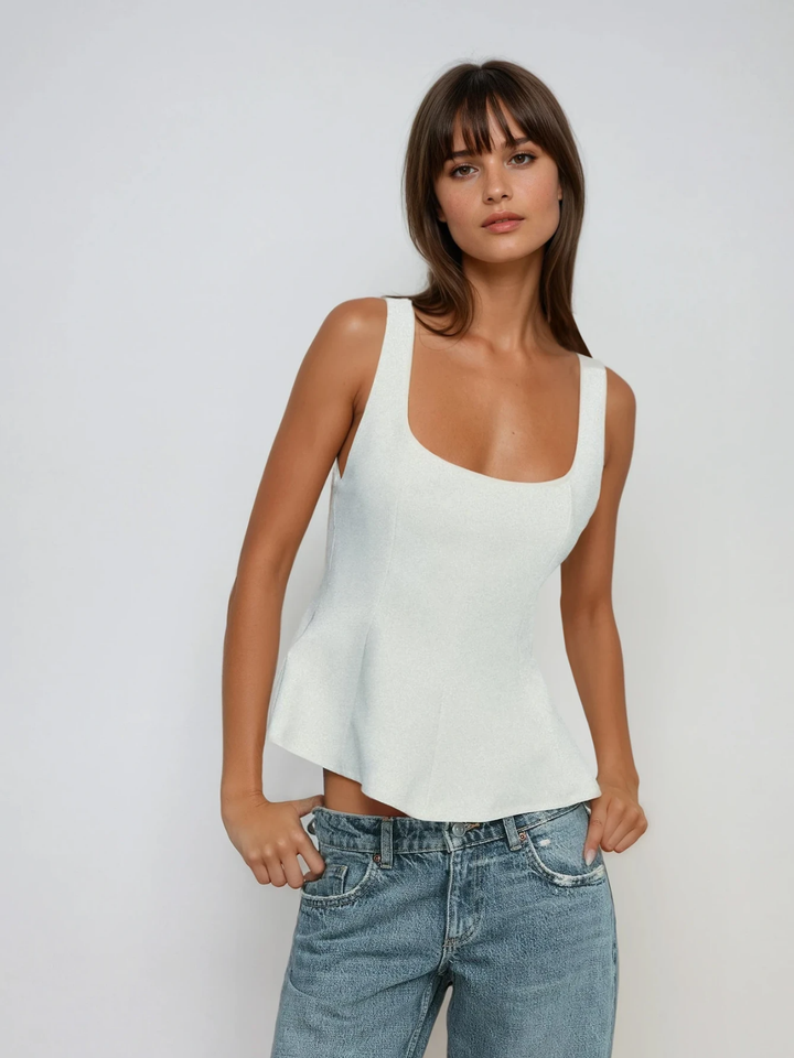 Top peplum fără mâneci cu guler pătrat, slim-fit