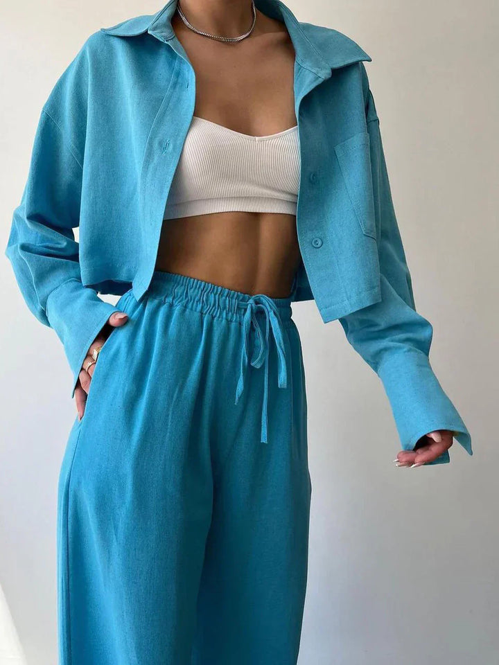 Set de pantaloni din două piese cu guler și șnur, casual