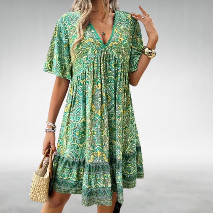 Saylor - Rochie de Vară cu Imprimare Paisley Boho și Decupaj în V
