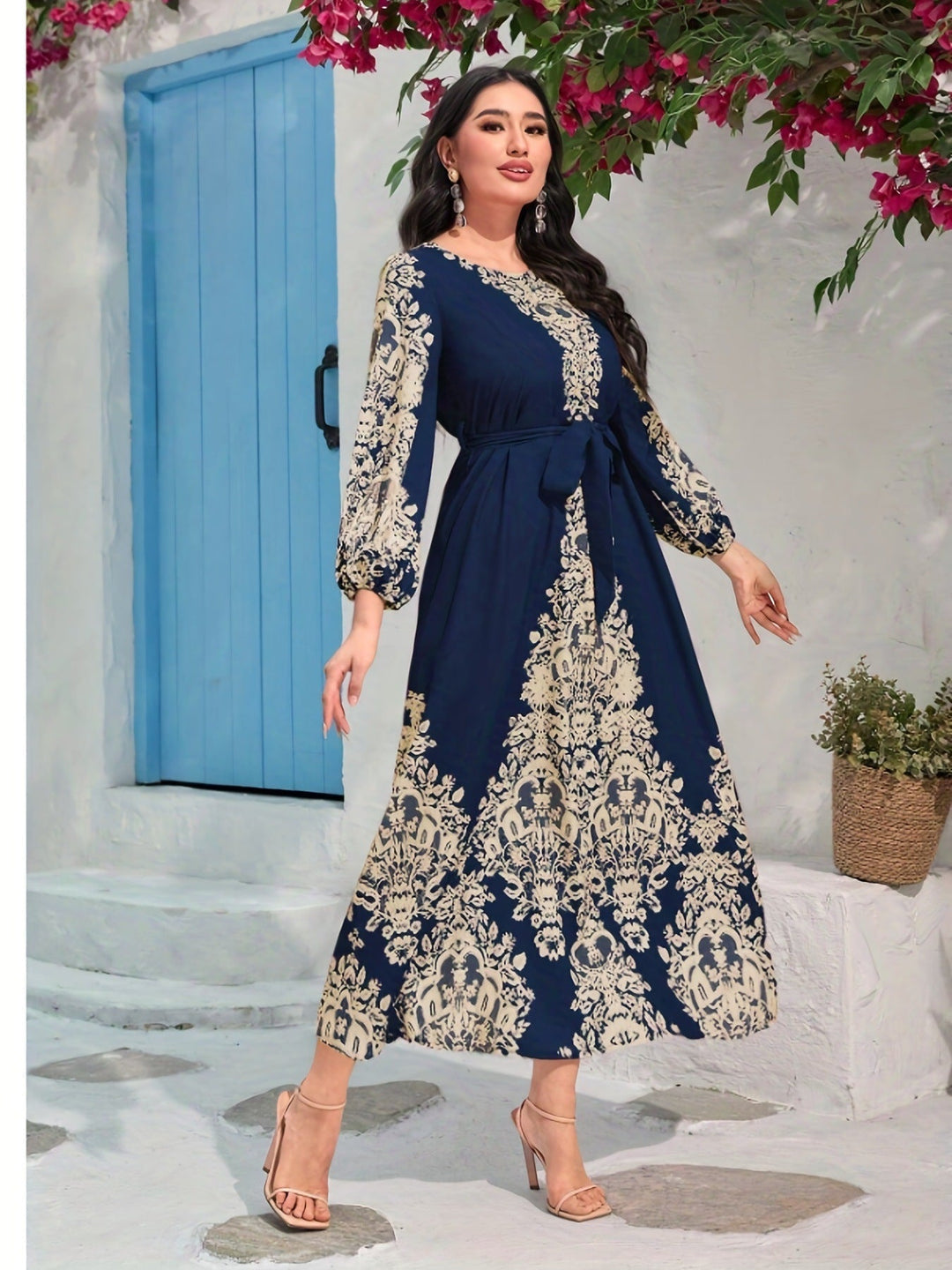 TOVE – ROCHIE LUNGĂ DIN MATERIAL UȘOR, CU DECOLTEU ÎN V, CULOARE BLEUMARIN 