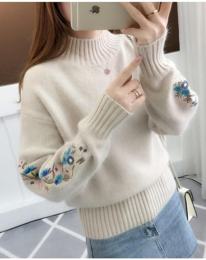 SASKIA | Pulover din bumbac gros tricotat cu broderie florală