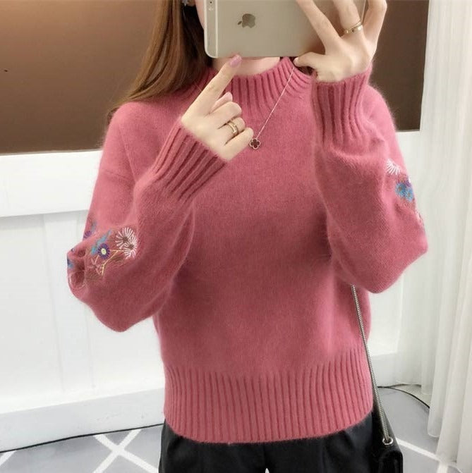 SASKIA | Pulover din bumbac gros tricotat cu broderie florală