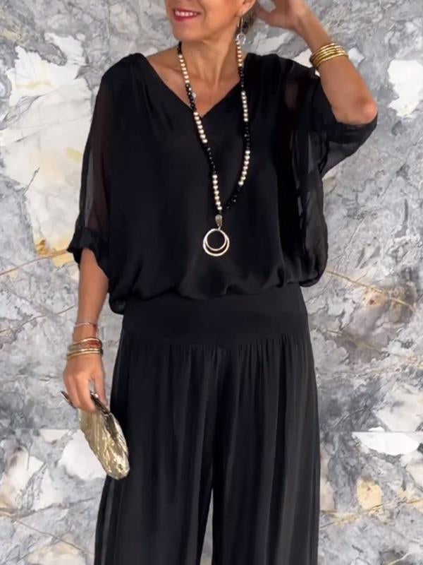 ESMERALDA – SET DIN DOUĂ PIESE CU PANTALONI LARGI DIN ȘIFON ELEGANT