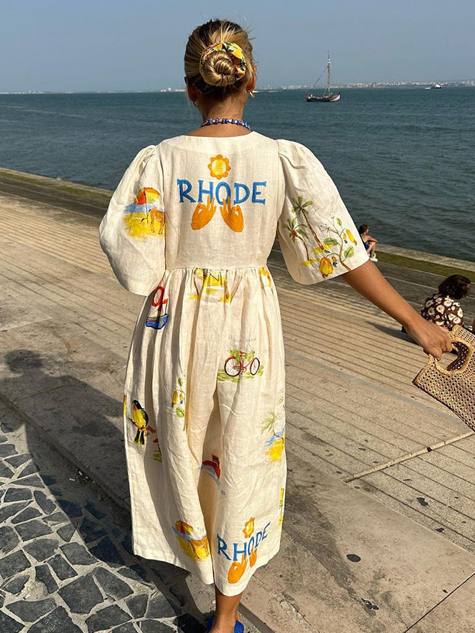 Zoey – Rochie Midi de Vară cu Imprimare Ilustrativă