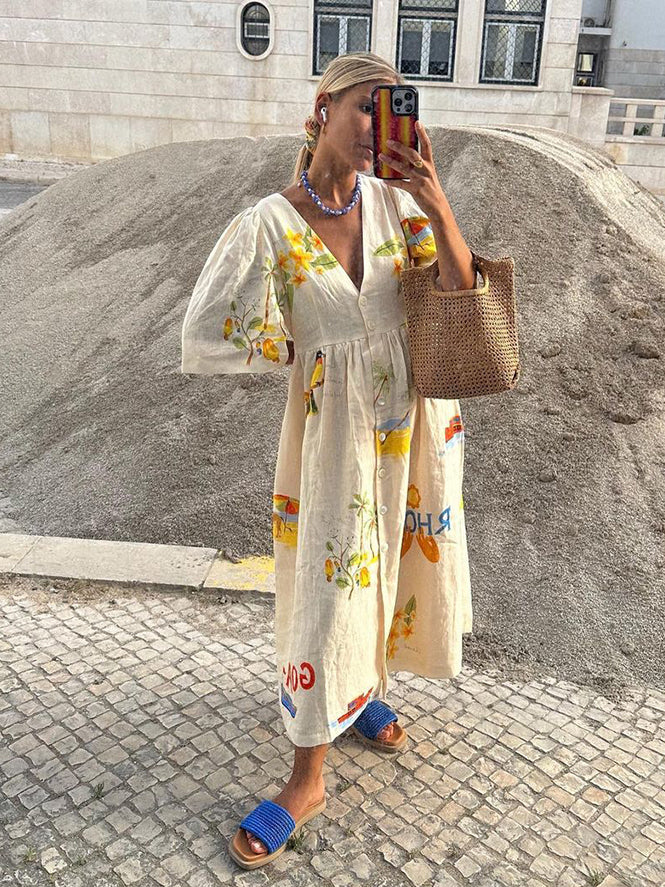 Zoey – Rochie Midi de Vară cu Imprimare Ilustrativă