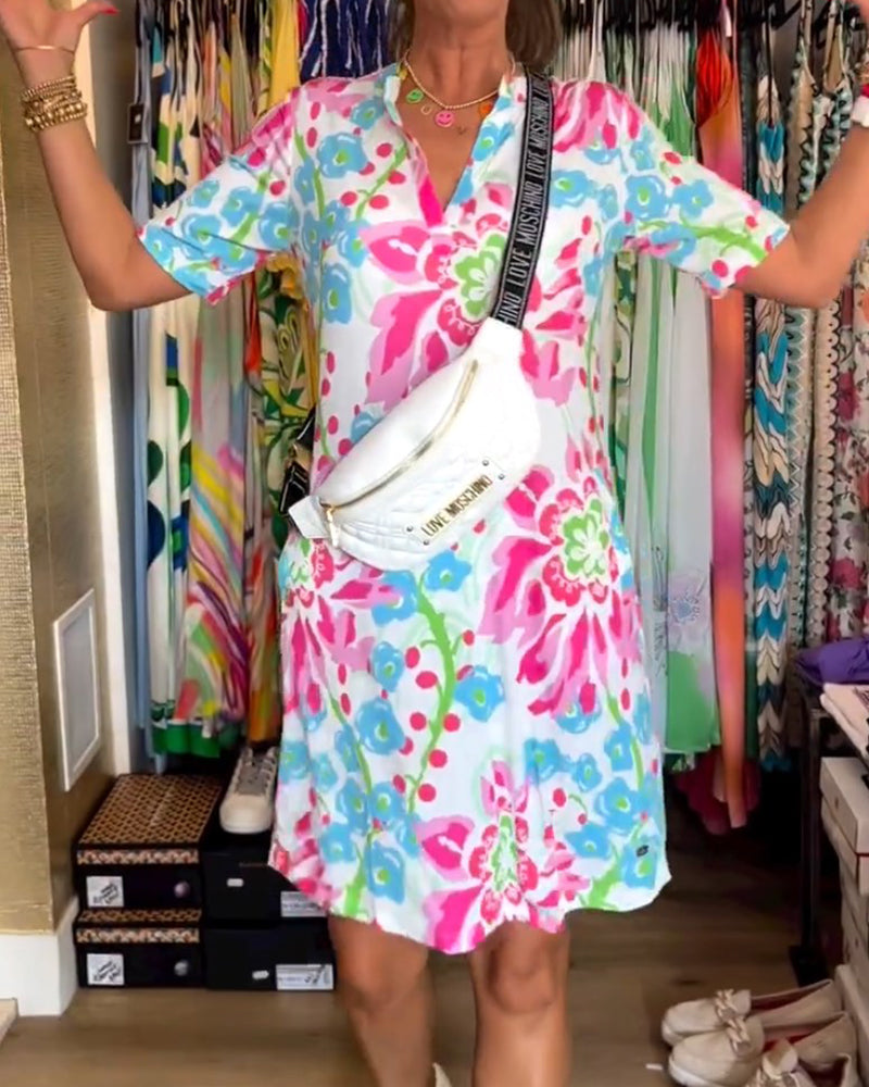 Ivendra | Rochie Midi cu Mâneci Scurte și Imprimare Florală