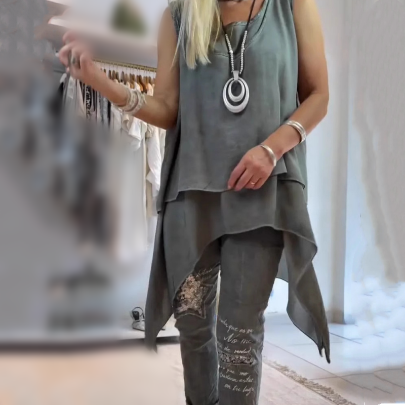 Ora - Set pentru femei format din două piese: Top fără mâneci și pantaloni imprimeu